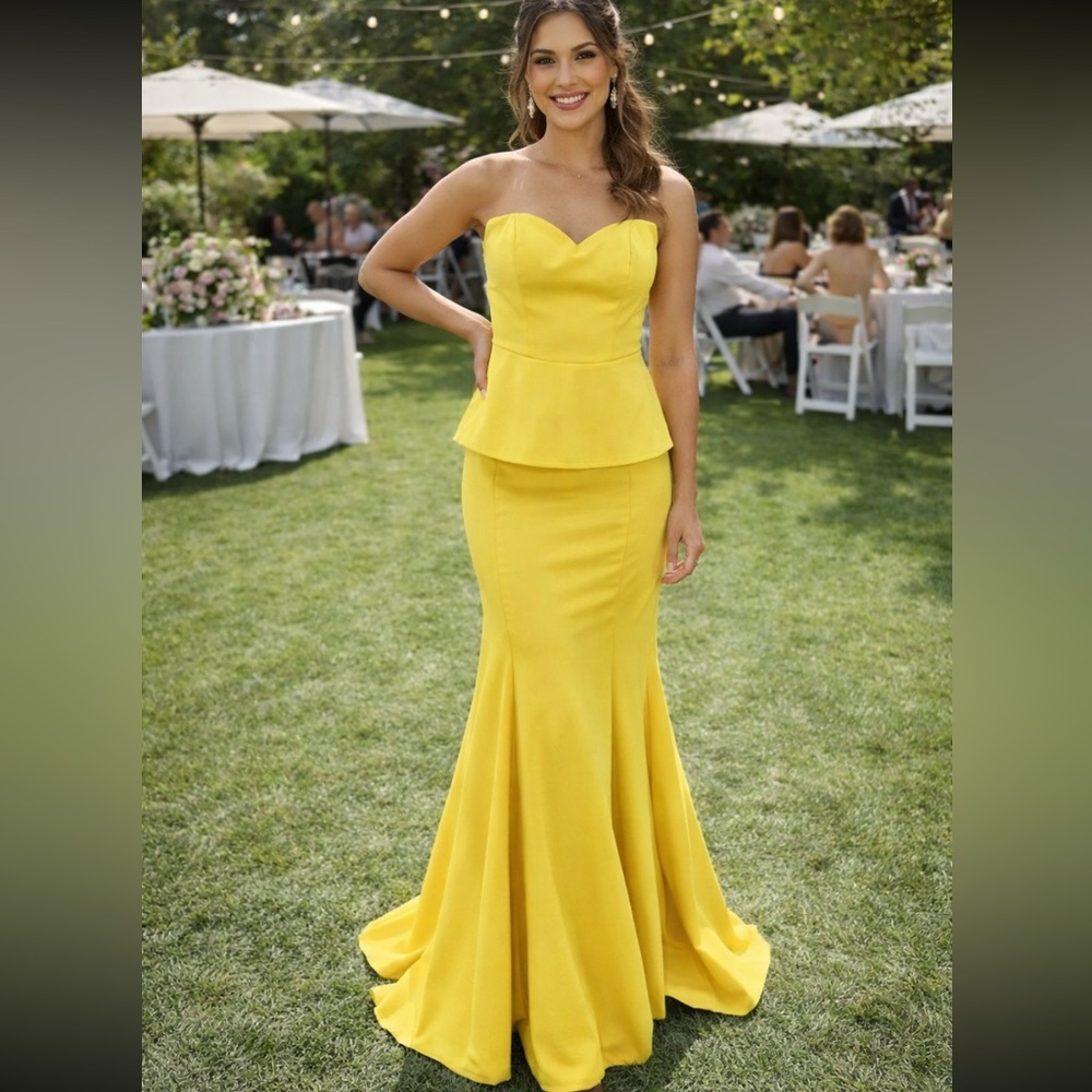 Nicole Bakti Strapless Yellow Peplum Mermaid Dress